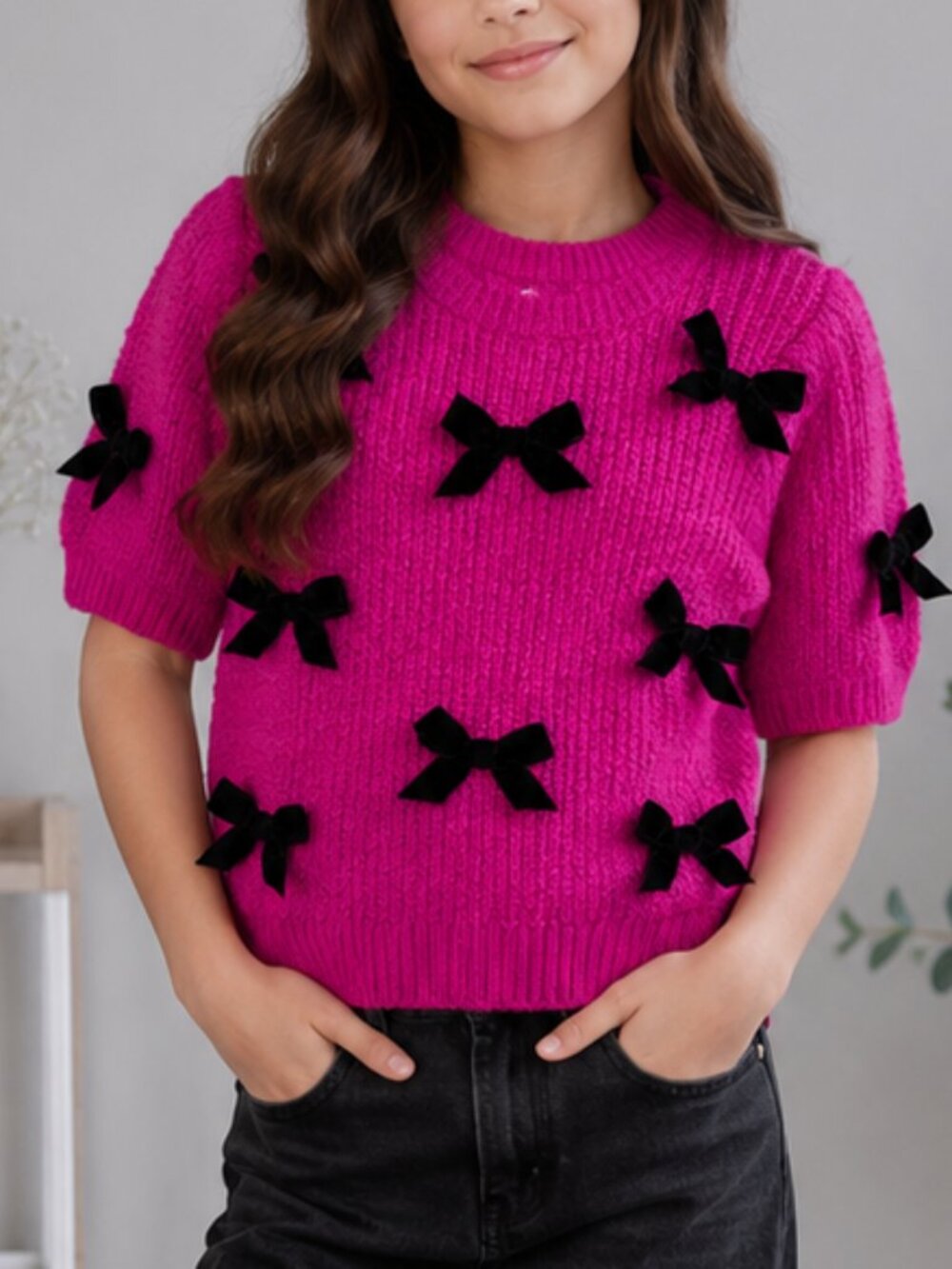 GB Big Girls Hot Pink Sweater L (12/14) Bow Detail Short Sleeve NWT